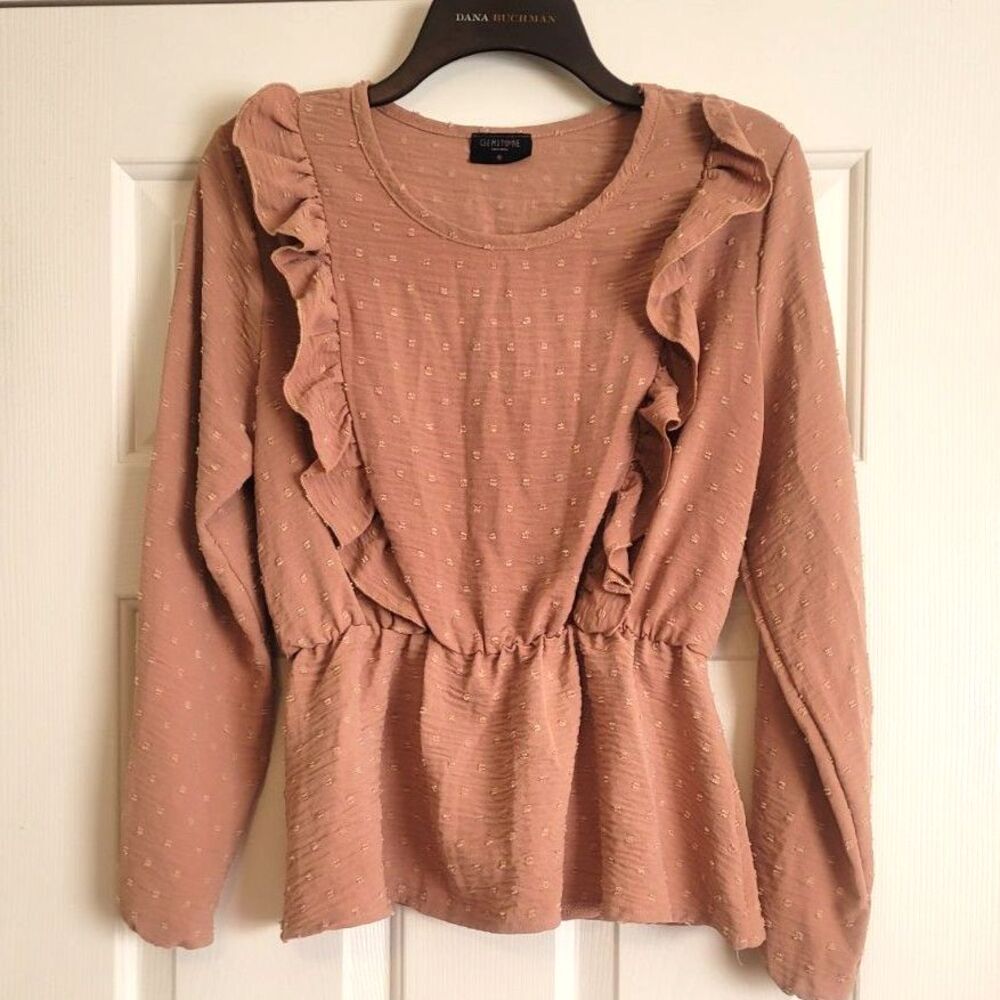 Gemstone Women's Swiss Dot Ruffle Peplum Blouse Mauve Pink Long Sleeve Size M